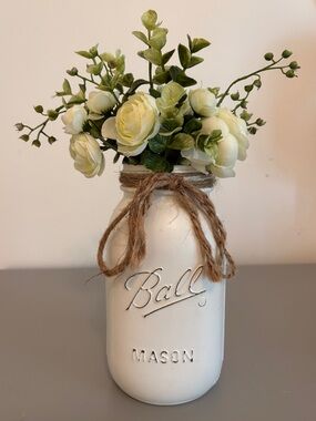 Ball Antique White Mason Jar Vase with Cream Faux Floral Arrangement